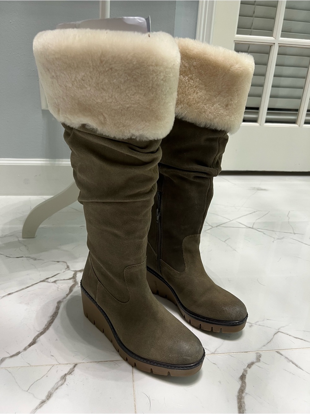 Vintage Foundry Co. Leather & Real Fur Knee-High Wedge Boots Size 8.5
